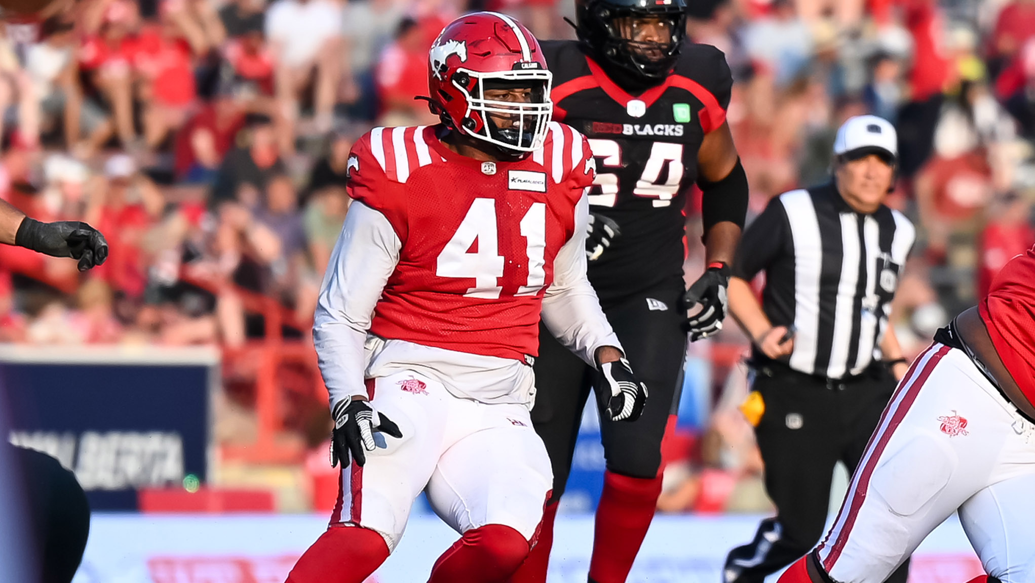 DL Mike Rose finished with 11 sacks in 2023 as a force for the Stampeders defence (Brett Holmes/CFL.ca)